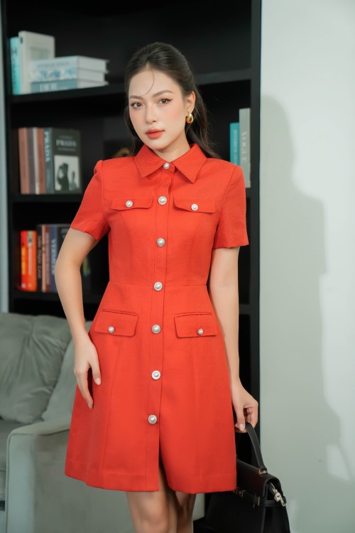 Sixdo Red Orange Short Sleeves Dress